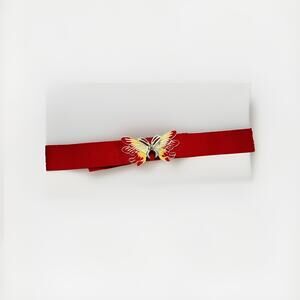 Vintage 80s Gold Tone Butterfly Buckle Red Elastic Stretch Belt